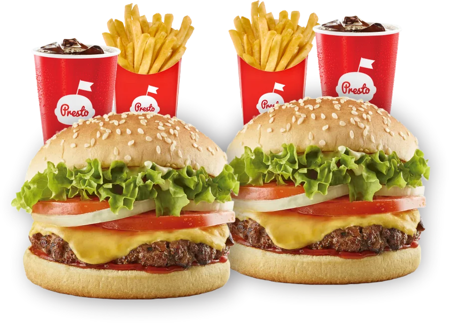 Dos combos Súper Presto: hamburguesa, papas y gaseosa