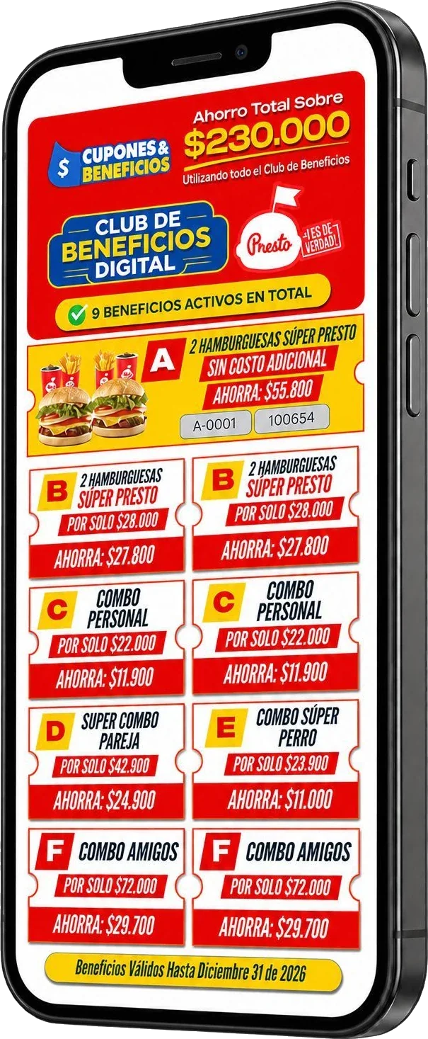 El Club de Beneficios Digital Presto abierto en un celular, con los nueve beneficios