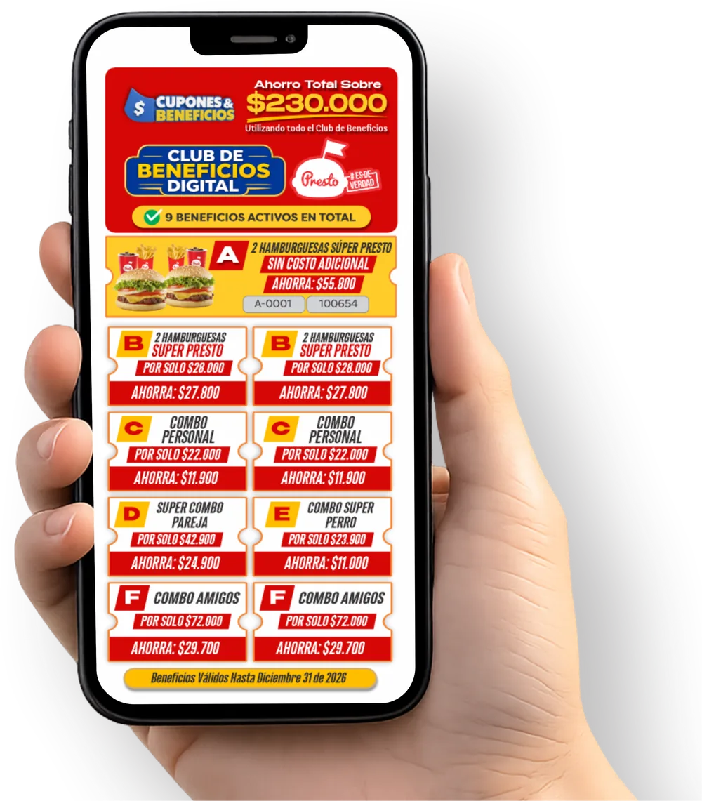 El Club de Beneficios Digital Presto abierto en un celular, con los nueve beneficios y sus códigos.